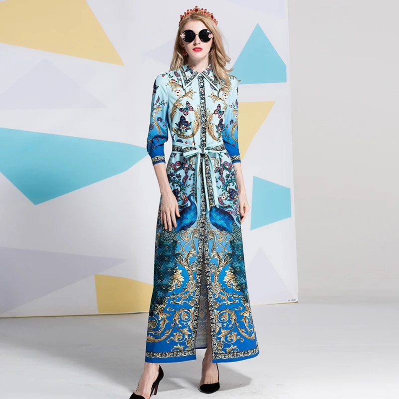 

Runway Peacock Floral Print Summer Dress 2019 Women Three-quarter Sleeve Long Vintage Robe Shirt Dresses Elegant Beach Dress
