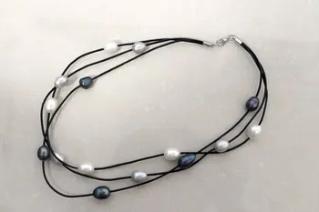 

Perfect Multistrand Black Leather White Black Grey Color Freshwater Pearl Necklace