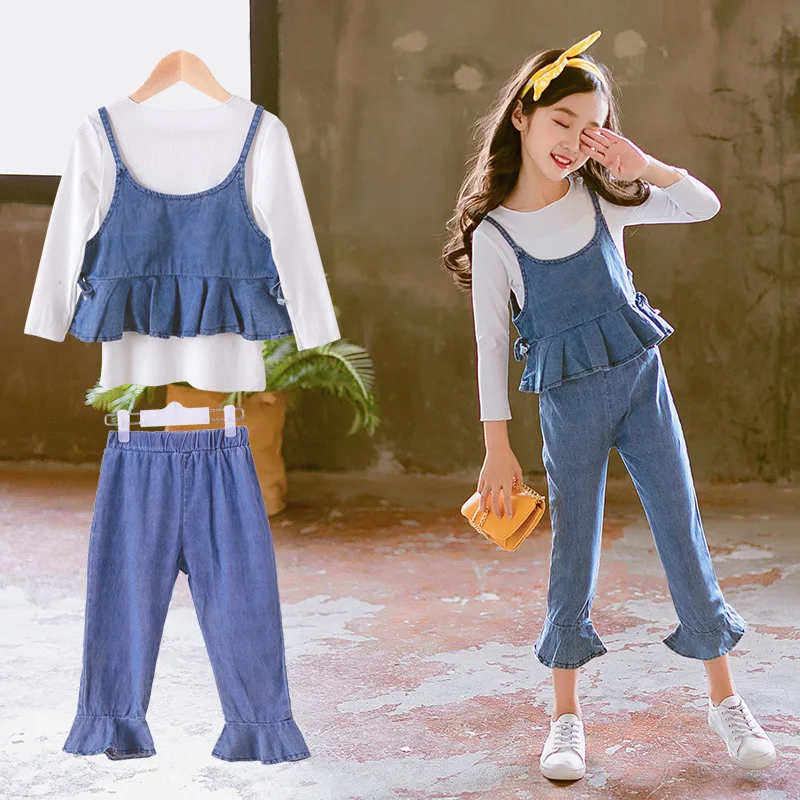 

2018 Autumn Girls Clothes Set Fashion Outfit Kids Clothes Suit For Girls Clothing Sets 3 Pcs T-shirts + Denim Vest + Jeans Pants