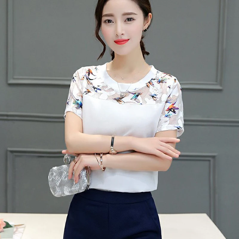 

Women Blouses 2019 New Fashion Summer O-Neck Short Sleeve Lace Patchwork Blouse Women Tops White Shirts Plus Size Blusa Feminino