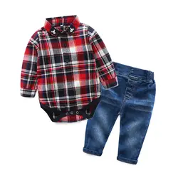 Одежда для малышей мальчиков одежда в клетку комплекты комбинезон рубашка + джинсы брюки Демисезонный Дети Одежда для джентльменов костюм