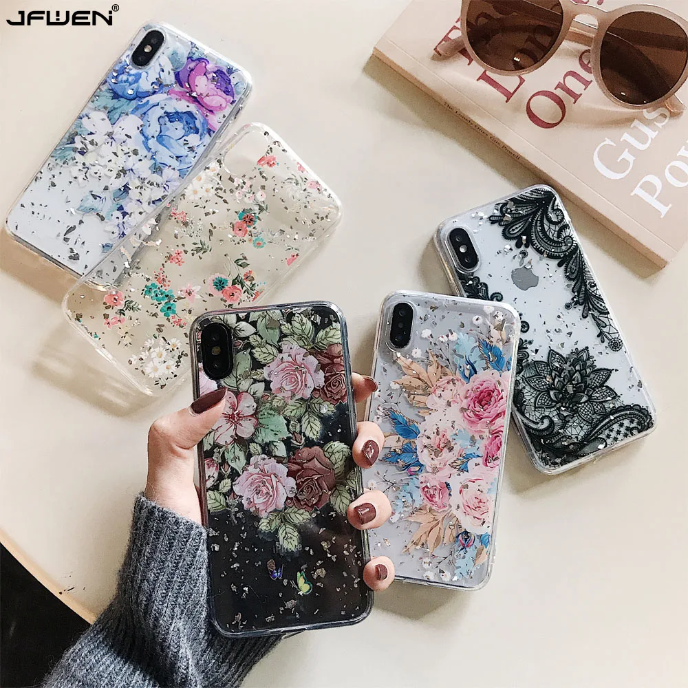 

JFWEN Floral Flower Phone Case For iphone X XS Max XR 8 7 6 6S Plus Case Cover For iphone X XS Max Case Silicone Gold Foil Shell
