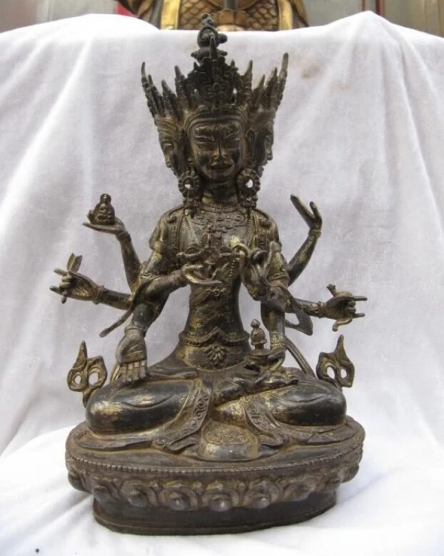 

fast shipping USPS to USA S2655 Tibet Old Bronze Three Face Eight Arm hand Arms kwan-yin Guan Yin Buddha Statue