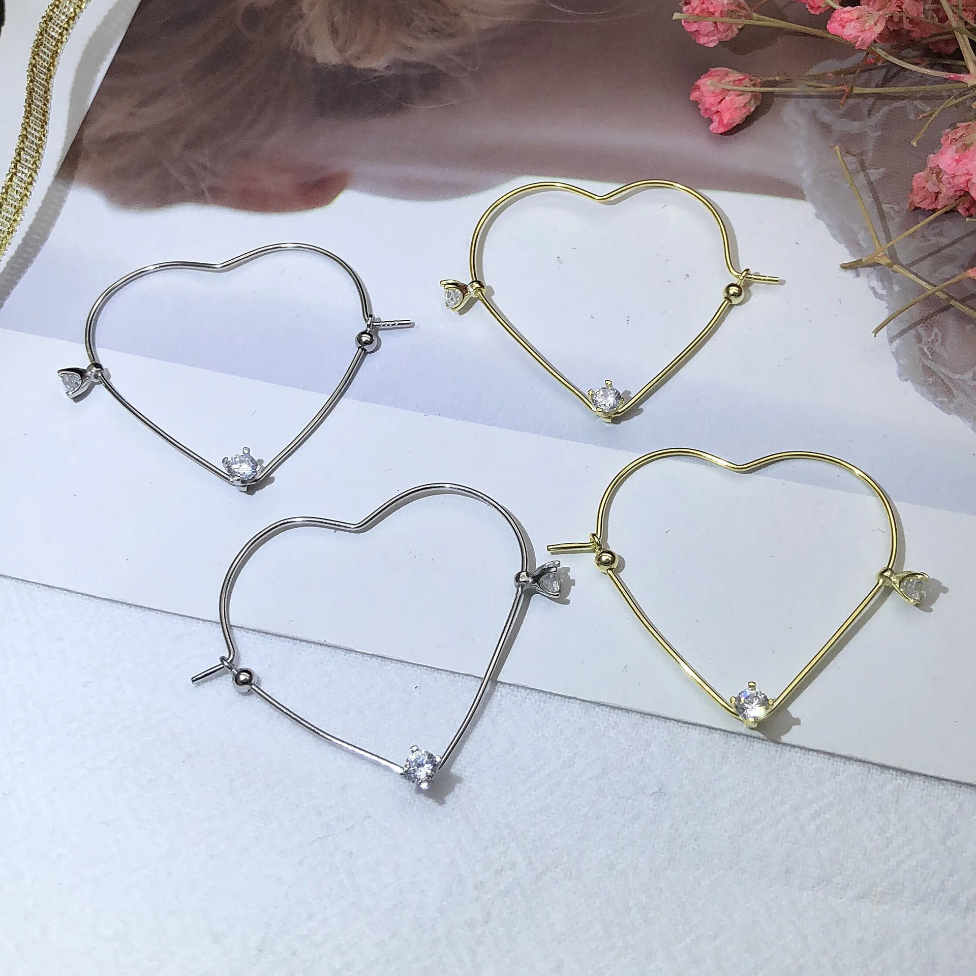 Zircon heart big earring 100% 925 Sterling silver Jewelry fashion Hypoallergenic hoop earrings for women gift