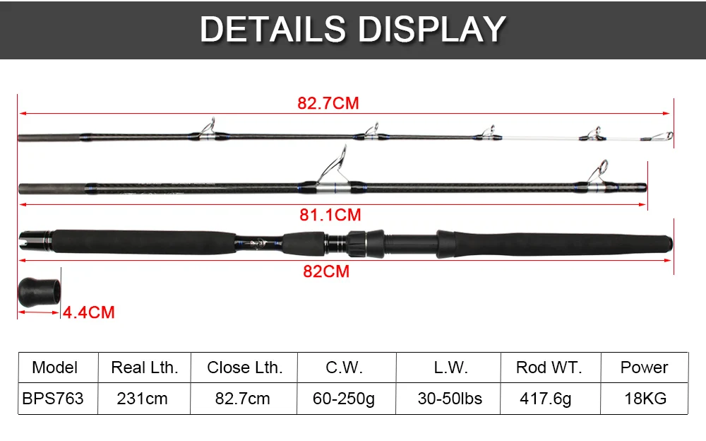 RoseWood CW.60-250g Spinning Rod Boat & Popping Series Travel Rod 3 Pieces Spinning Fishing Rod MH Power, Fast Action  (2)