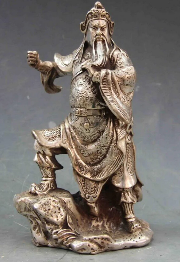 

USPS to USA S0641 Chinese Folk White Copper Silver Dragon Guan Gong Guan Yu Warrior Buddha Statue (B0328)