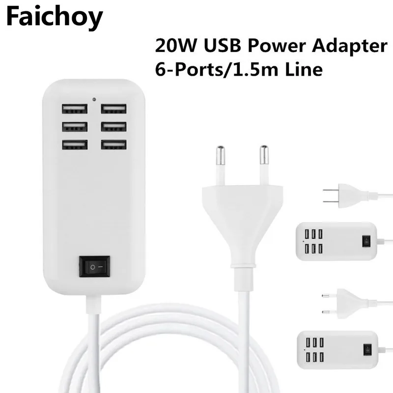 

Faichoy 5V/3A 6 USB Port EU/US Plug Phone USB Charger Multiple Wall Smart Charger Quick Charging Adapter for All Smartphones Pad