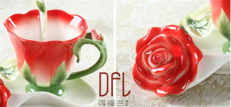 3D эмалированные розовые кофейные кружки чашки для чая и кружки с блюдцем ложка творческий любовник посуда для напитков