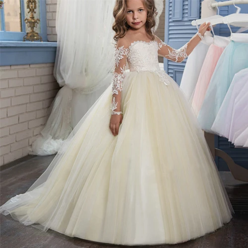 Champagne Puffy Платье с кружевными цветами для девочек для держащих букет невесты на свадьбе, одежда с длинным рукавом бальное платье для девочек, вечерние платье, праздничное платье, Vestidos - Цвет: Color 75