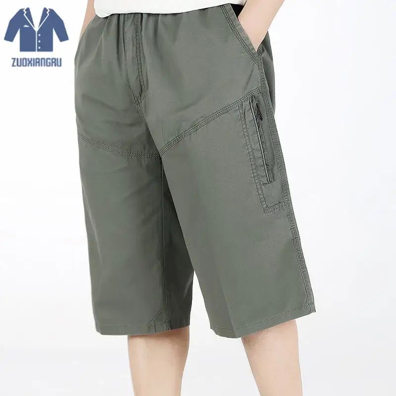 

Summer Men's Baggy Multi Pocket Military Zipper Cargo Shorts Breeches Male Long Army Green Khaki Mens Tactical Short Plus Size