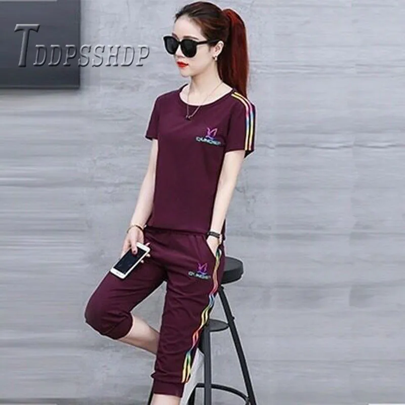 

2019 Summer Plus Size Women Sets Many Color Can Choose Gym Do Exercise T Shirt and Pants Female Sets