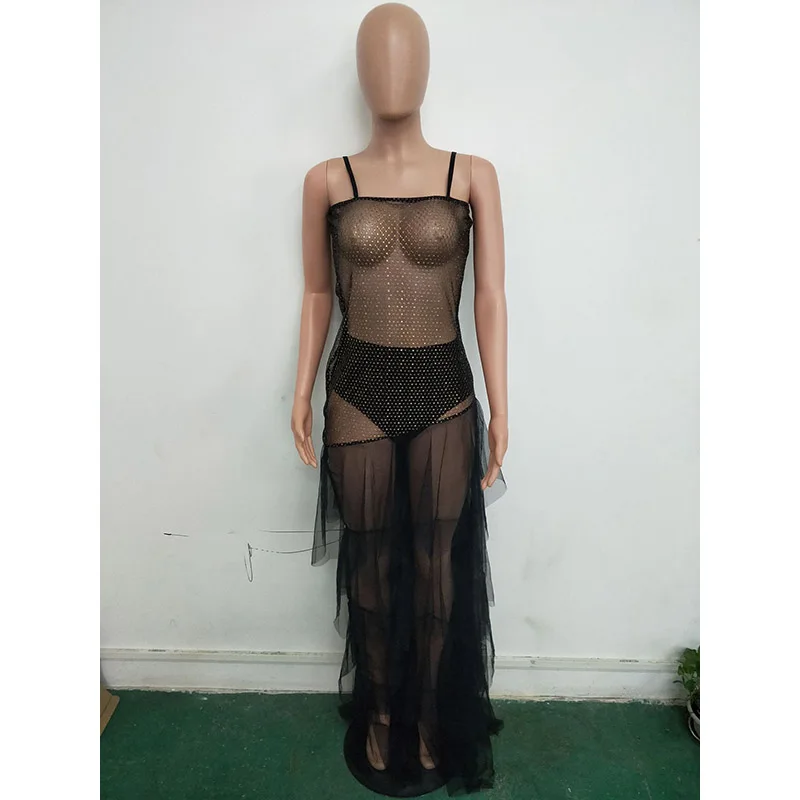 Echoine Sexy Sheer Mesh Dress Diamond Decor Spaghetti Straps Split See Through Slinky Bodycon Long Dress Party Night Clothing V
