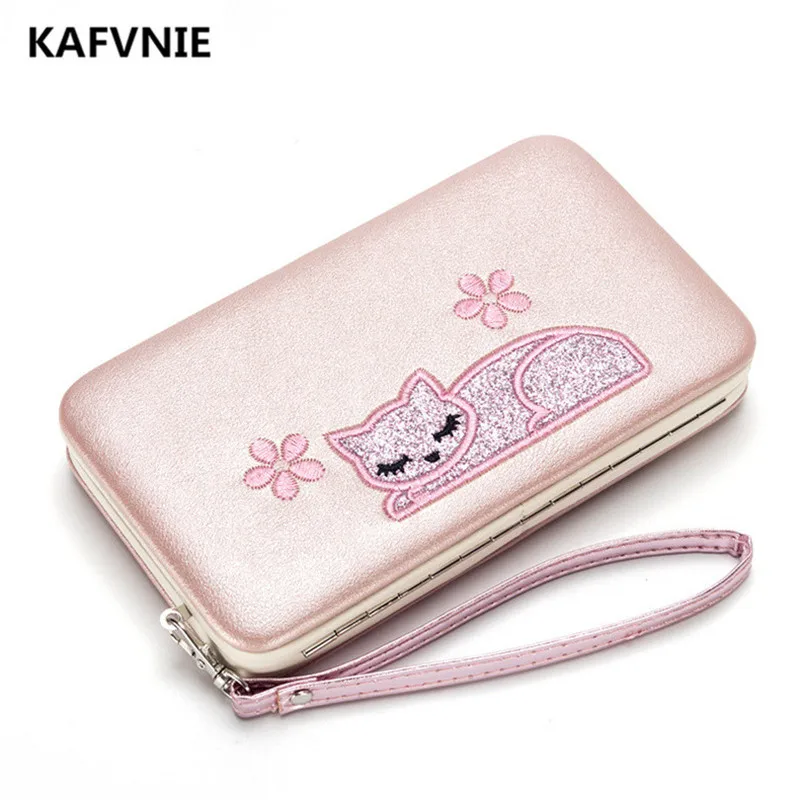 

New Cat pattern PU Women Luxury Wallet Red Long Embroidery Ballet girl Multicolor Womens Wallets and Purses Black Color