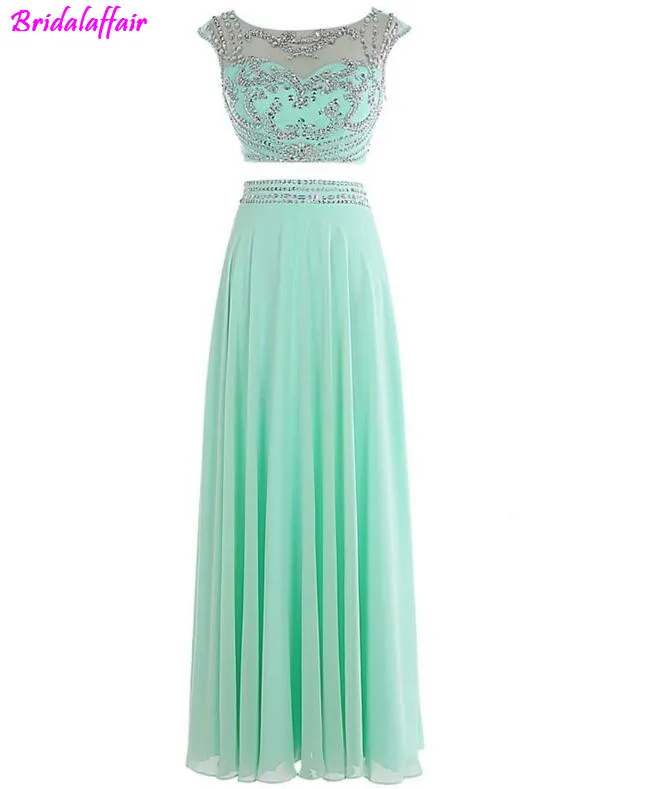 

2 Piece Prom Gown A-line Scoop Chiffon Evening Dresses Long 2019 Prom Dresses Long Crystals Beaded Formal Occasions Dress