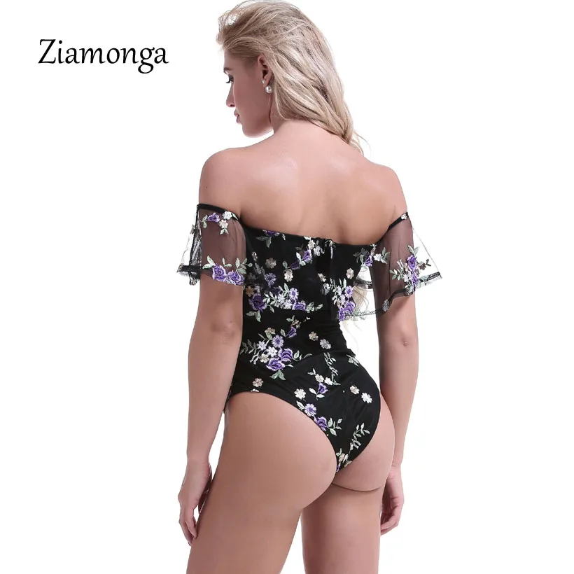 Ziamonga, топ с открытыми плечами, цветочной вышивкой и рюшами, летний сексуальный боди, женский черный облегающий Топ, элегантный боди, женский костюм