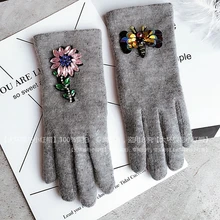 Женские зимние перчатки яркий хрустальный цветок с блестками пчела шерстяные перчатки кашемировые брендовые перчатки варежки для женщин