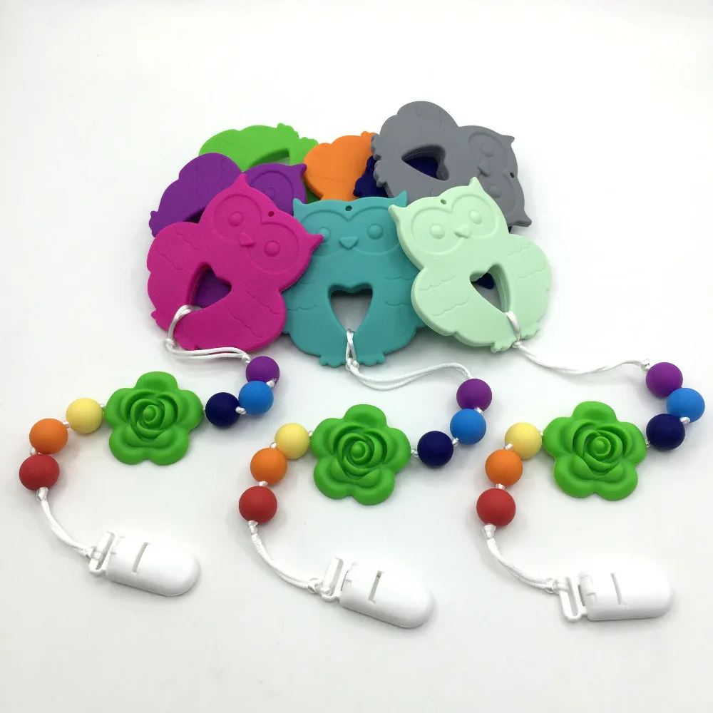 

HOT Silicone Teething Pacifier Clip with large Owl pendant Flower chew beads Food Grade Silicone Teething / Nursing Necklace