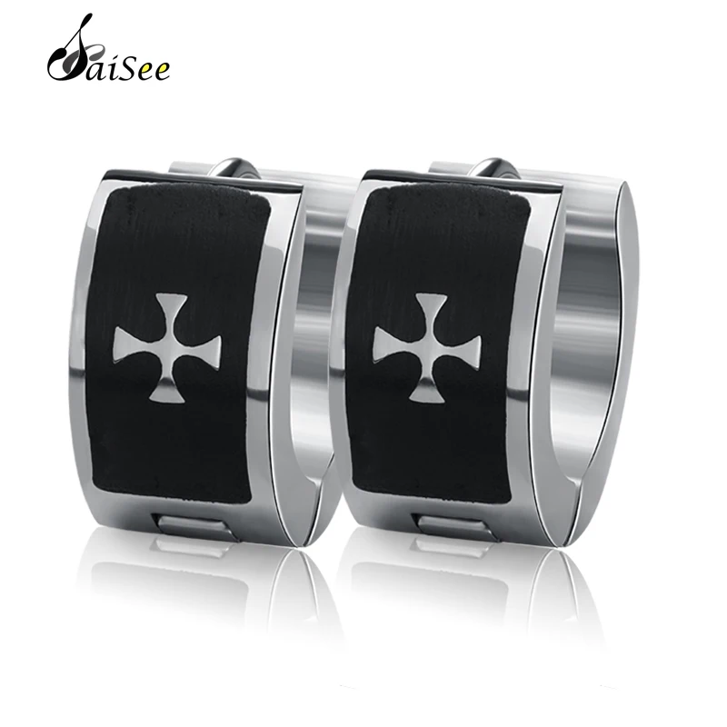

SAISEE Black Stainless Steel Hoop Earrings For Women Men Charm Small Round Circle Loop Huggie Cross Earrings Fashion Jewelry