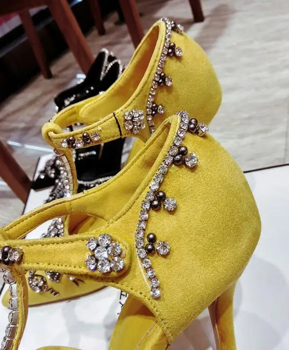 Роскошные женские вечерние туфли в дворцовом стиле с бусинами и стразами; модельные туфли на высоком каблуке с Т-образным ремешком, Украшенные бусинами; цвет желтый, черный, синий