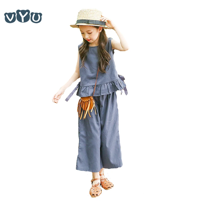 

VYU Girls Set 2018 Summer Cotton Girls Vest With Bow+Long Loose Pants 2 PCS Pastoral Style Toddler Teen Clothing Set New Arrival