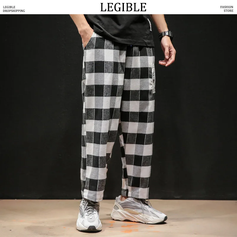 

LEGIBLE Plaid Pants Men 2019 Mens Cotton Streetwear Sweatpants Male Korean Retro Joggers Casual Ankle-Length Pants Men 5XL