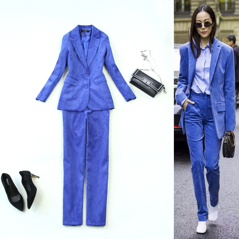 

Two-piece women's long temperament slim velvet new suit jacket +straight trousers treasure blue suit autumn and winter new style