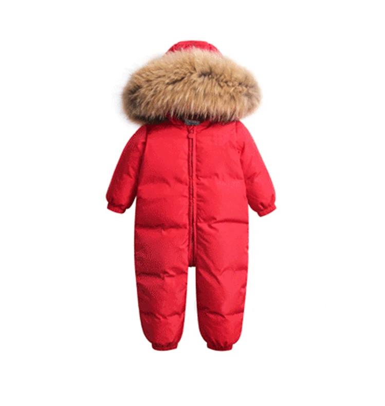 Зимние теплые детские комбинезоны; Детский комбинезон на утином пуху; зимний комбинезон для маленьких мальчиков и девочек; комбинезон с меховым капюшоном; костюм; одежда - Цвет: Красный