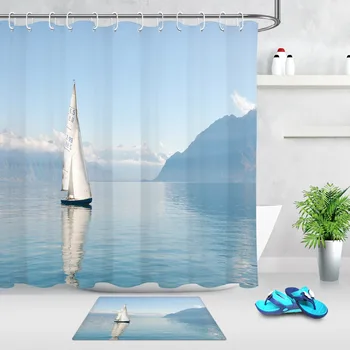 

Any Size Blue Landscape White Sailboat Sparkling Shower Curtain Bathroom Mat Waterproof Polyester Fabric for Bathtub Home Decor