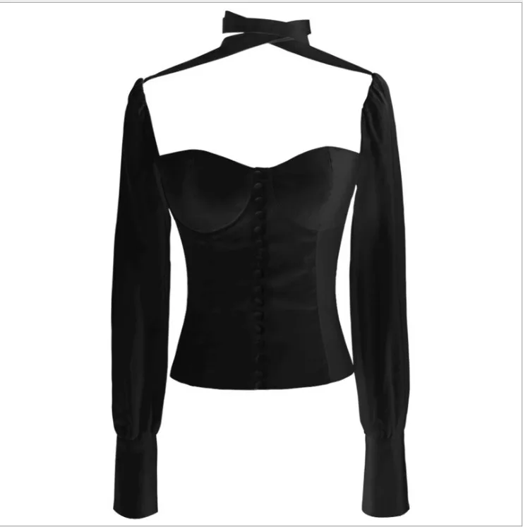 

2018 Women Off Shoulder Bandage Cloth Victorian Black White Single Buttons Long Sleeve Retro Blouse Street Wear Crop Top Y03032