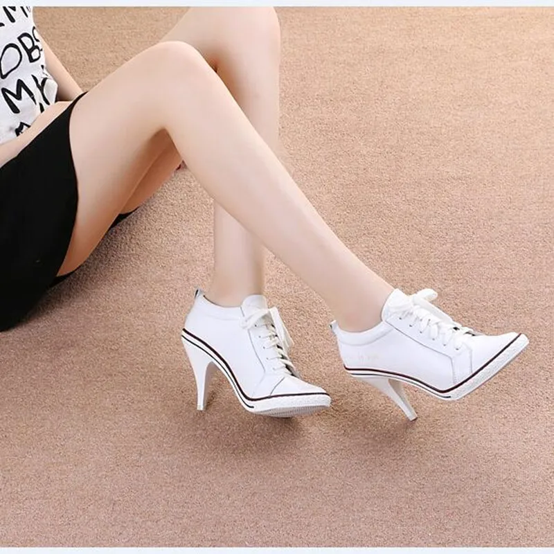 

2017 New Spring Autumn Genuine Split Leather White Black High Heels Round Toe Casual zapatos de mujer Lace-Up cheap-female-shoes