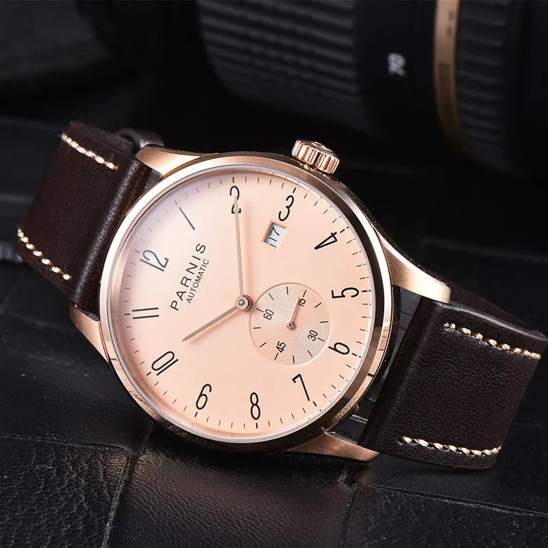 

42mm Parnis Rose Golden dial Leather Strap Date Crystal Stainless Steel Rose Golden Plated Case Automatic movement Men's Watch