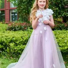 Лидер продаж, платье трапециевидной формы с круглым вырезом и короткими рукавами, длина до пола, с коротким шлейфом, фатиновое платье с цветочным узором для девочек плиссировка и цветы