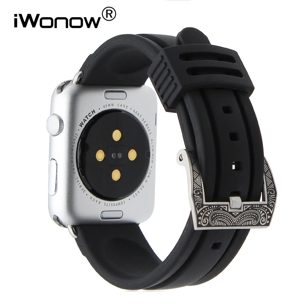 Силиконовая резинка часы для iwatch Apple Watch 38 мм 42 мм нержавеющая резные Тан застежка на запястье ремень браслет черный + адаптер