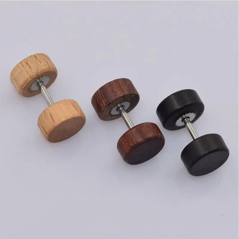 

Fashion Gothic Punk Wood Stud Earrings Barbell Double Side Round Earrings For Women Men