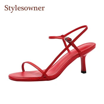 

Stylesowner 20119 Fashionable Thin Belt Sandal Shoe Open Toe Solid Color 7cm Thin Heel Ankle Strap Consice Lady Cool Sandalias