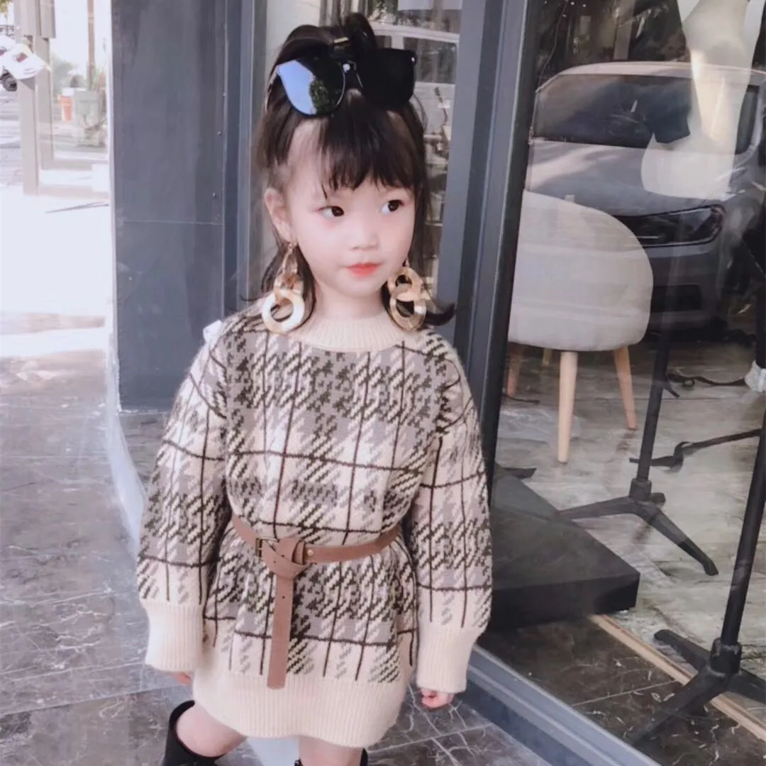 

Girls long-sleeved plaid sweater girls 2018 autumn and winter new round neck pullover loose shirt knit dress