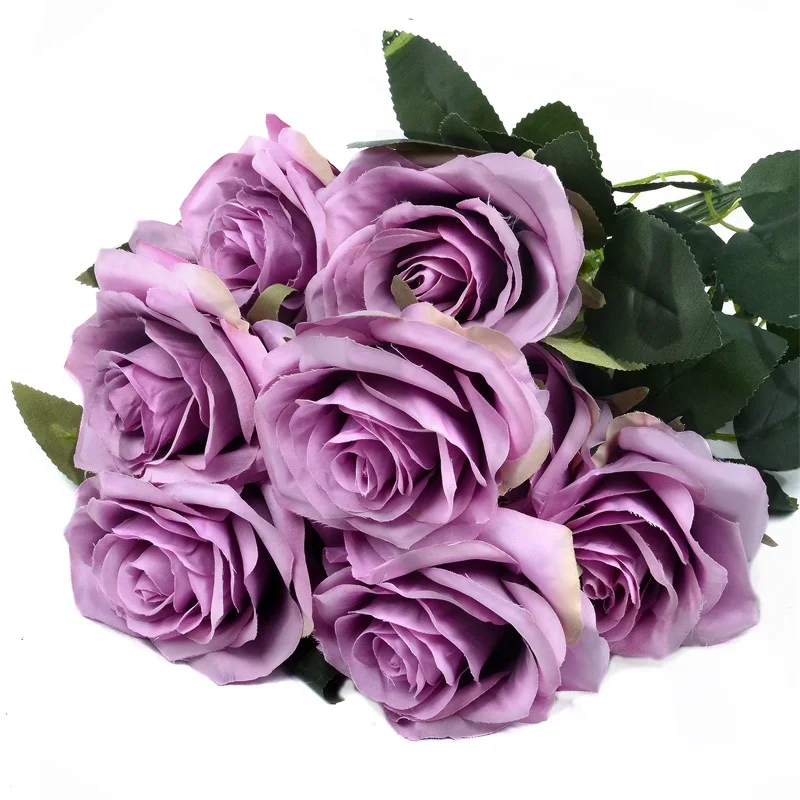 10 голов розы искусственный цветок Французский Шелковый букет роз для свадьбы, дома, вечерние украшения, искусственный цветок, Осеннее украшение - Цвет: purple