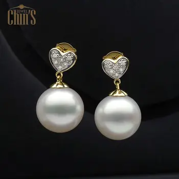 

11.4MM AAA White Genuine South Sea Pearl Diamond Drop Earrings 18k Yellow Gold