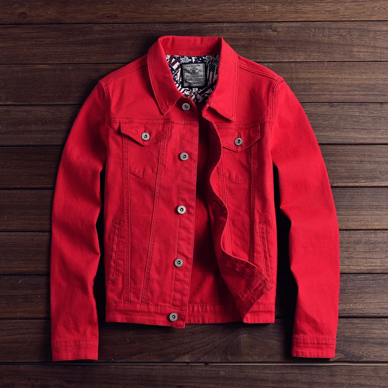 

Fashion Men's Denim Jackets Slim Fit Spring Autumn Jeans Jacket Pink Red Turn Down Collar Outwear Size M-3XL