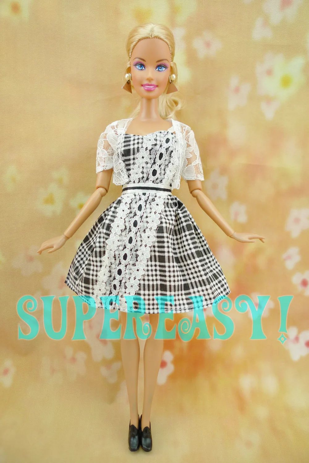 

3 in 1 Retro British Style Dress Tartan With Lace + Waistcoat + Black Low Heel Shoes Clothes For Barbie Doll 1/6 Puppet Outfit