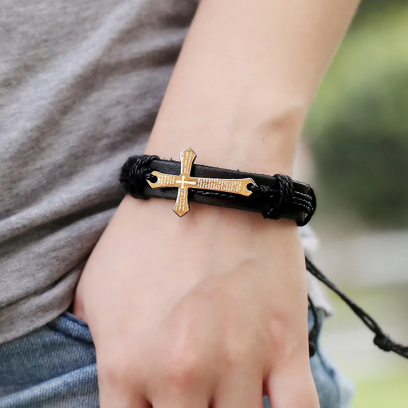 Kirykle панк стиль крест браслет кожаный браслет Выгравированный с Писанием браслет с изображением Иисуса регулируемые Винтажные Ювелирные изделия для мужчин