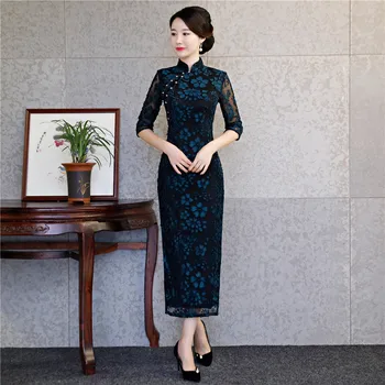 

Shanghai Story 2018 Autumn Women's High Split Lace Cheongsam Half Sleeve Vintage Qipao Dress Long Chinese Traditional Dress