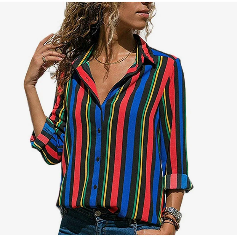 Plus Size Rainbow Striped Feminine Female Blouses Long Sleeve Turn Down Collar Button Women Shirts 2019 Fashion Loose Tops 5XL
