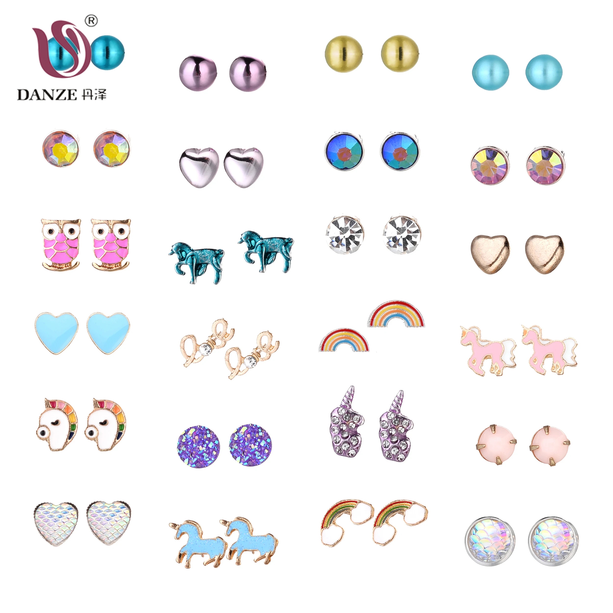 

DANZE 24Pairs/lot Cute Lovely Unicorn Stud Earrings For Girls Women Nice Birthday Gifts Nickel Free Adorable Earrings Sets