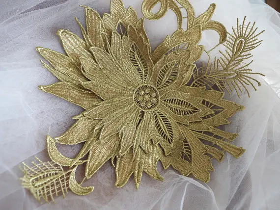 10 pcs retro gold applique gold embroidered poeny applique luxury
