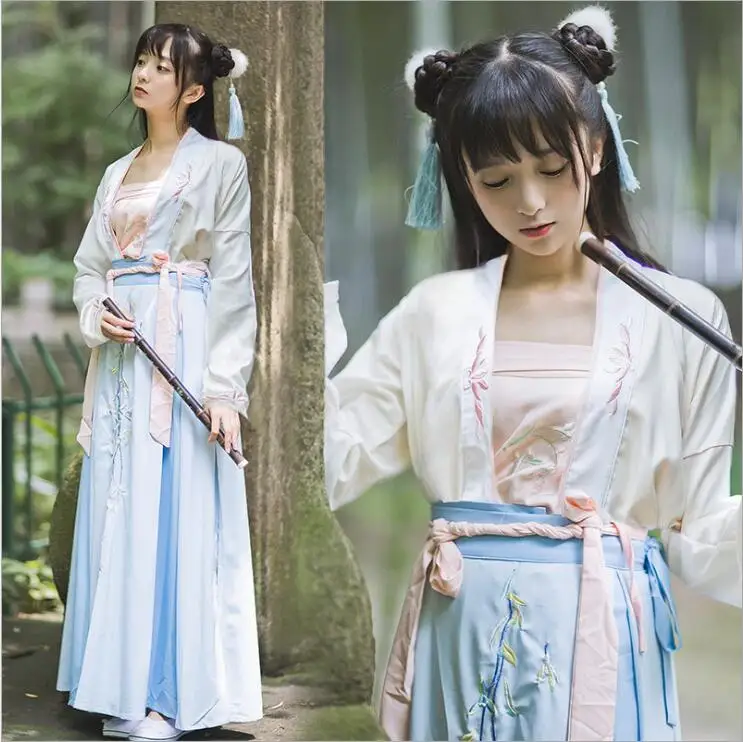 Китайское Старинное платье Женская Вышивка Hanfu костюм топ+ юбка Классическая сцена народный танец Древняя китайская одежда для девочек