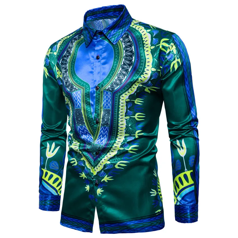 Men's autumn new 2018Personality casual Shirt clothes men Ethnic style Digital pattern cotton dress long-sleeved shirt S-XXL (6)