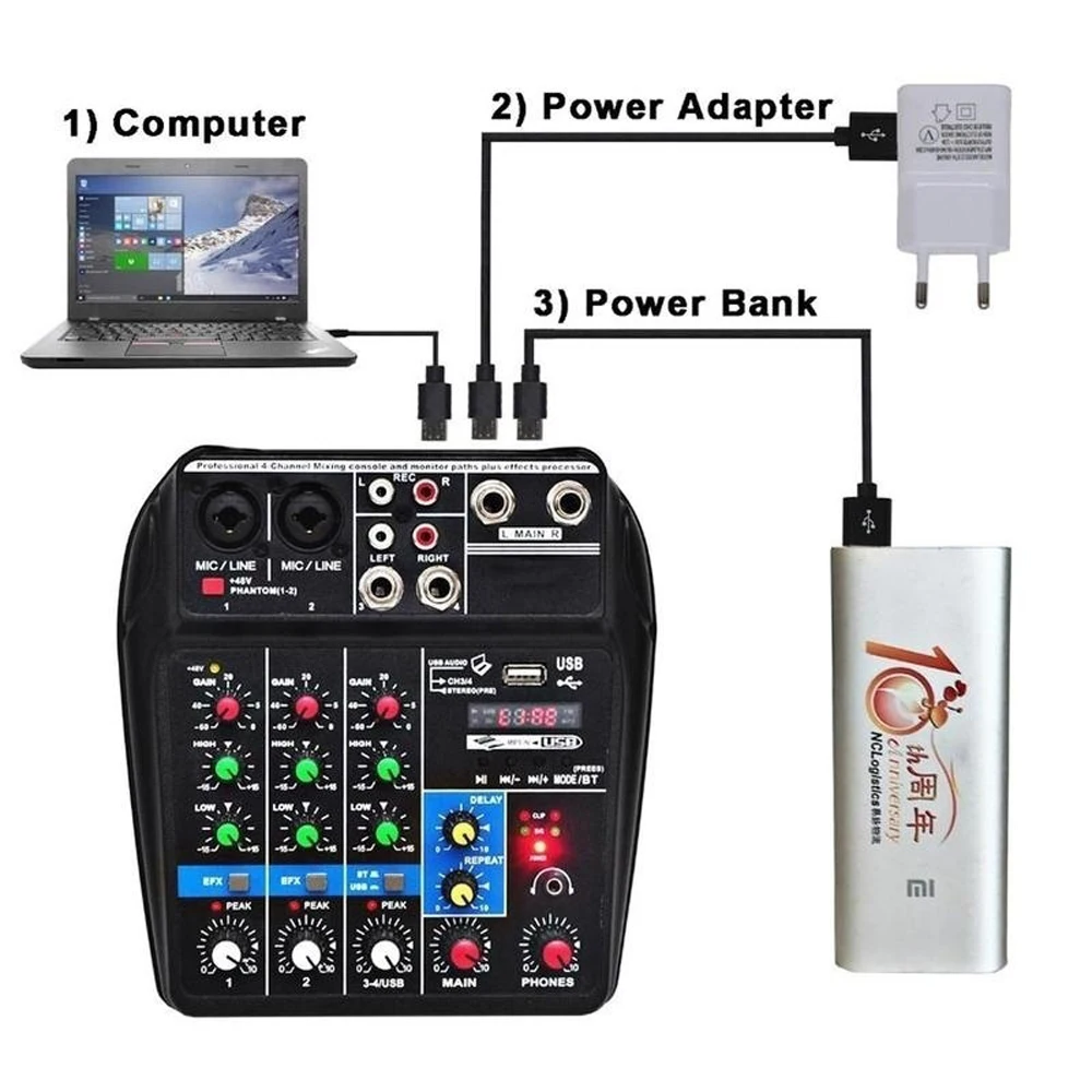 TU04 BT микшерный пульт записи 48 В Phantom power Monitor AUX Paths Plus Effects 4 канала аудио микшер с USB US/EU вилкой