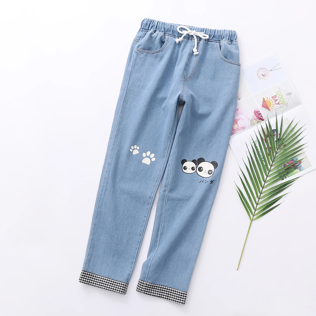 

Drawstring Elastic Waist Cartoon Panda Japanese letter Print patchwork Plaid Denim Pant Korean Lolita Student Trouser Jean 2019