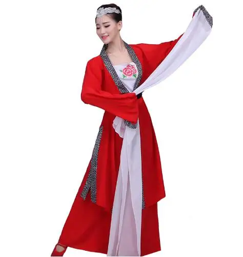 (0173) Chinese Classical legend dance red/blue water sleeves costumes long sleeves fan Poetry fairy stage performance clothing